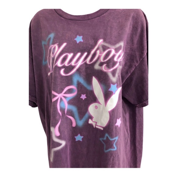 Pink mauve washed cotton blue stars Playboy bunny logo oversized t-shirt size XL - Picture 4 of 12